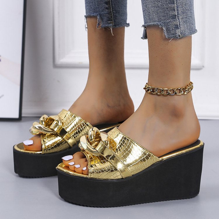 Women's Platform Platform Sandals And Slippers With Wedge Heel And Golden Chain