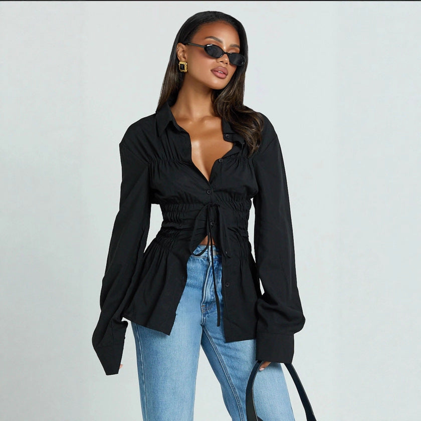 Womens Stylish Elegant Lapel Blouse With Pleated Details And Long Sleeves