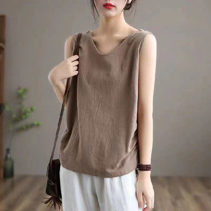 Solid Color Plus Size Literary Sleeveless Round Neck Vest