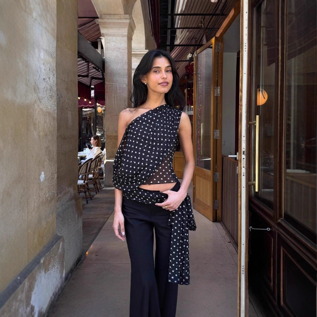 Sexy Off-Shoulder Polka-Dot Chiffon Sheer Irregular Tank Top