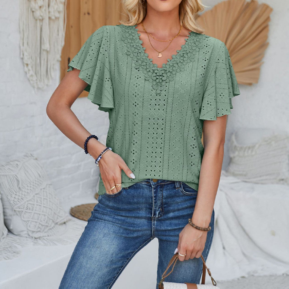 Women's Spring And Summer Lace Ruffle Sleeve Solid Color Loose Short Sleeve