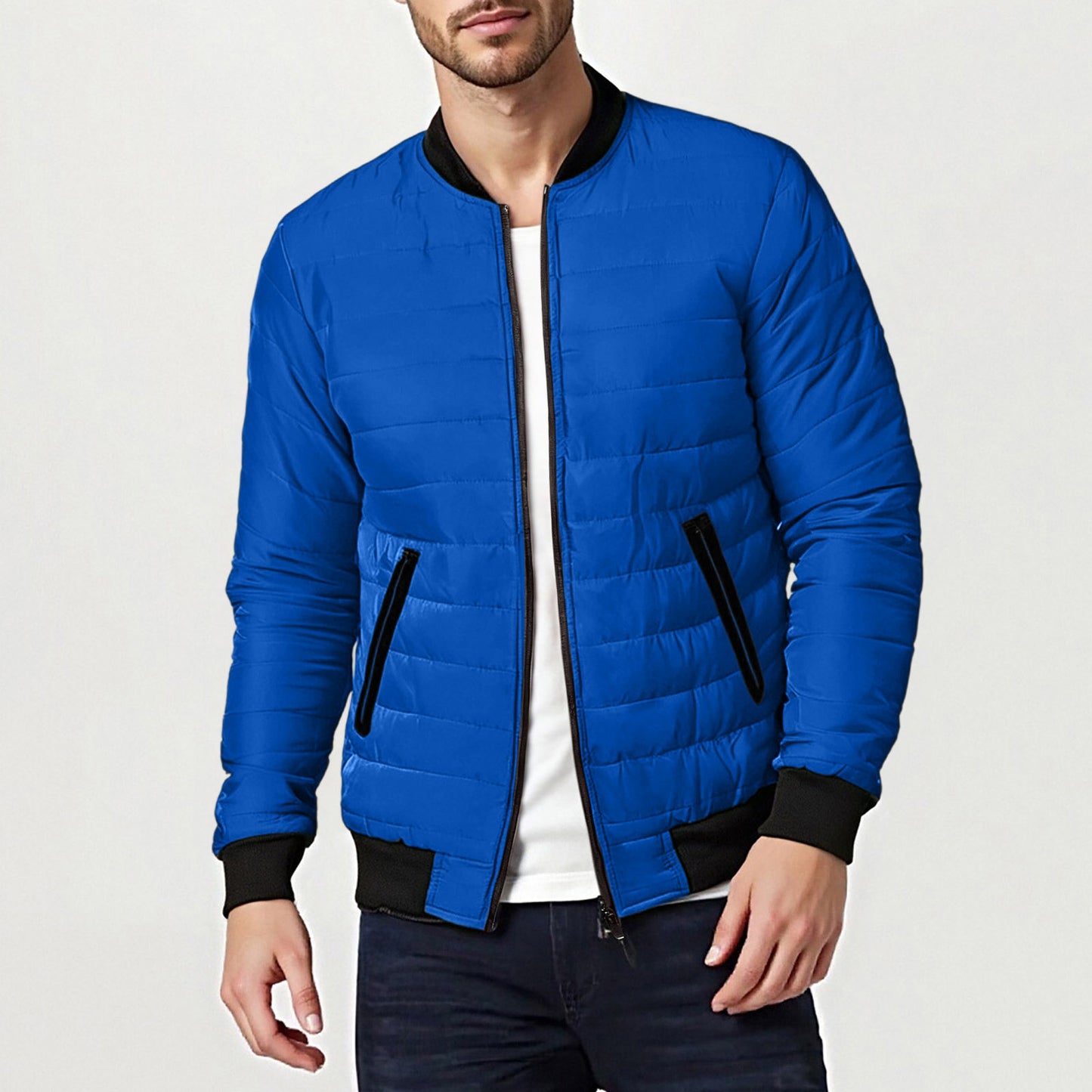 Mens Solid-Color Stand-Up Collar Cotton Padded Jacket Baseball Uniform