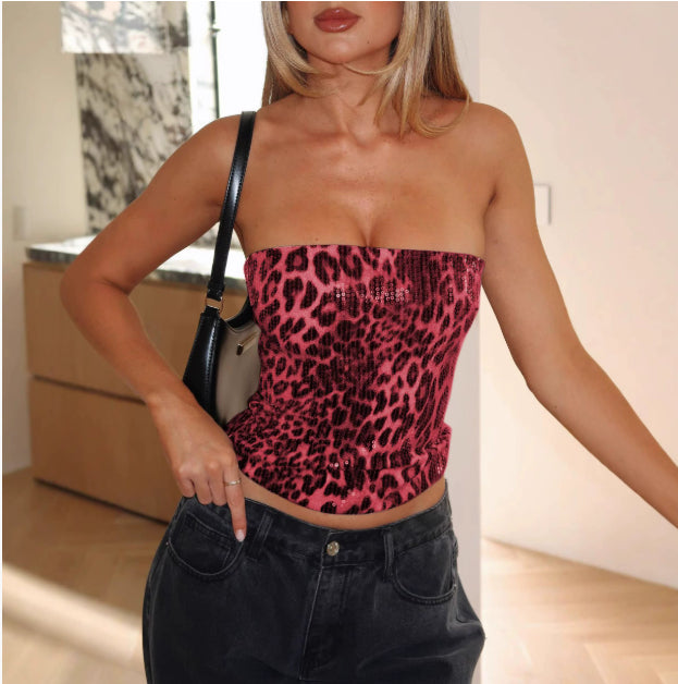 Women's Leopard Print Sequined Bandeau Slim-fit Inner Vest