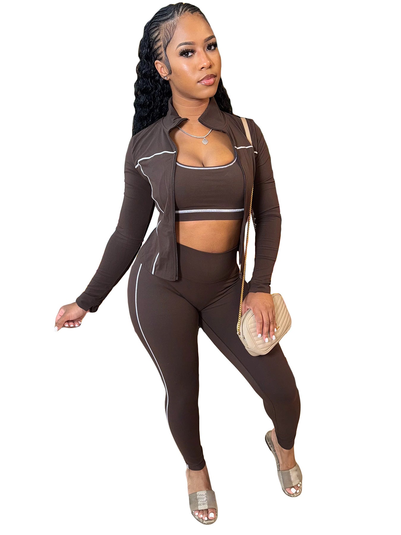 Fashion Women's Wear I-shaped Vest Long-sleeve Zipper Trousers 3-piece Suit