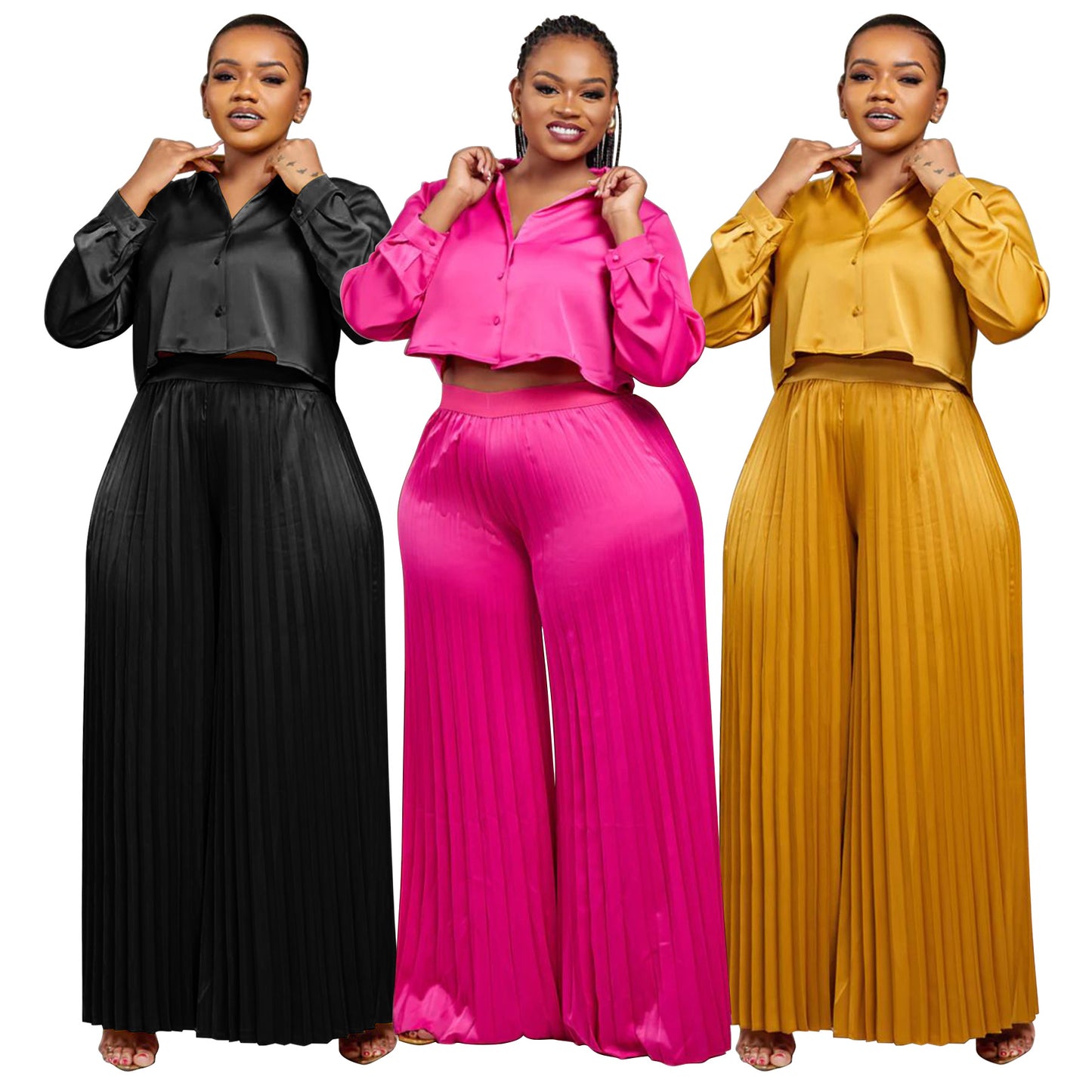 Casual Shirt Top And Wide-leg Pants Pleated Two-piece Set For Export
