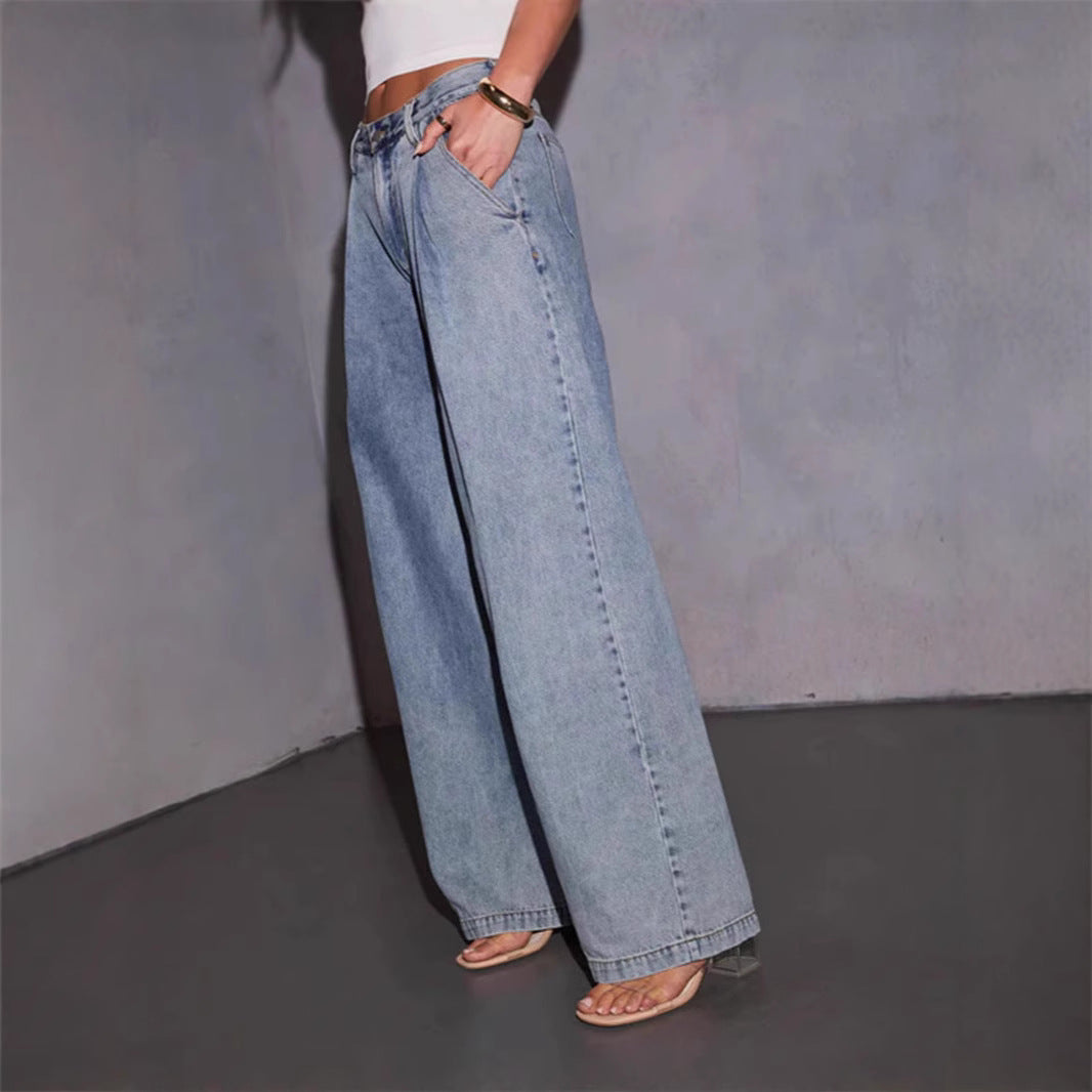 Slimming And Straight Versatile Retro Draping Mid-waist Wide-leg Jeans