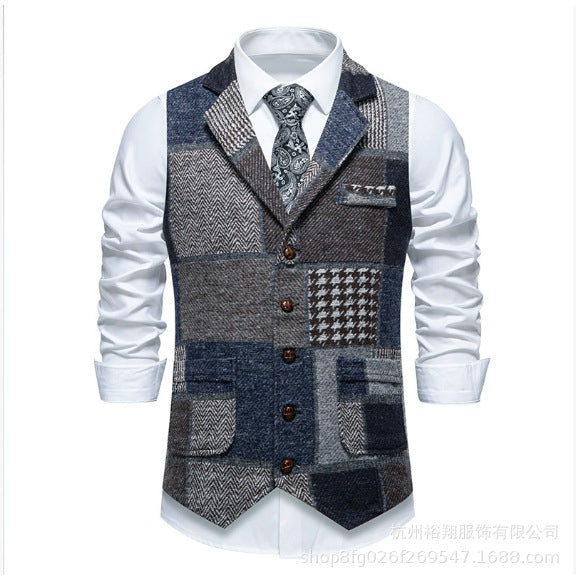 Retro Patchwork Lapel Men's European Size Suit Vest
