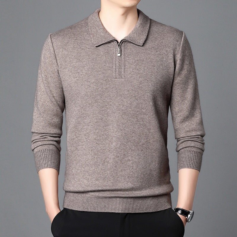 T-shirt Trendy High-end Men's Lapel Pullover Long Sleeve Knitted Sweater 100 Wool
