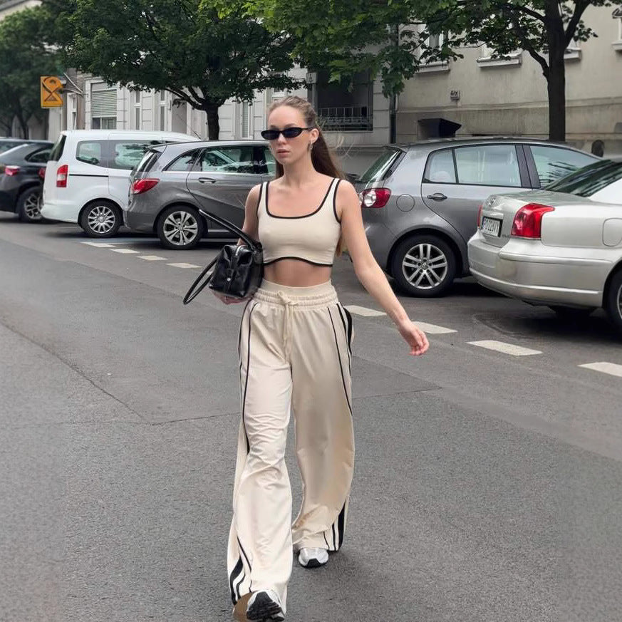 Womens Street-Style Sports Tank Top And High-Waisted Wide-Leg Pants Set