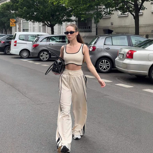 Womens Street-Style Sports Tank Top And High-Waisted Wide-Leg Pants Set