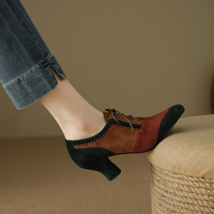 Front Tie Deep Opening Color-blocking Retro High-heel Leather Shoes