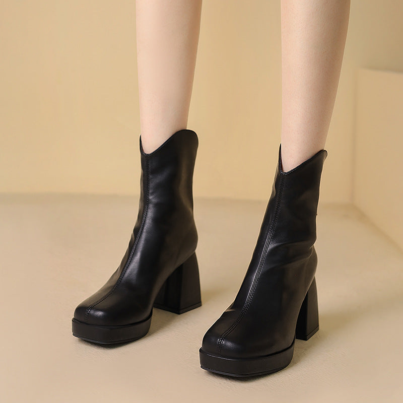 High Heel Back Zip Ankle Boots Chunky Heel Square Toe