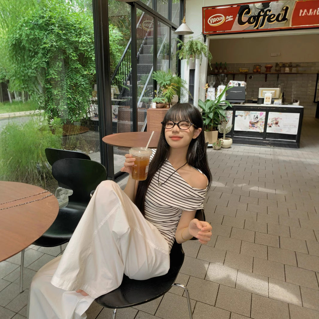 New Hot Girl Slim Fit Slimming And Shoulder Hollow Striped Student Top