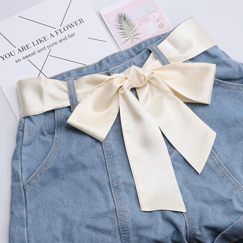 Fashion Solid Color Extra Long Wide Ribbon Belt With Skirt Decoration
