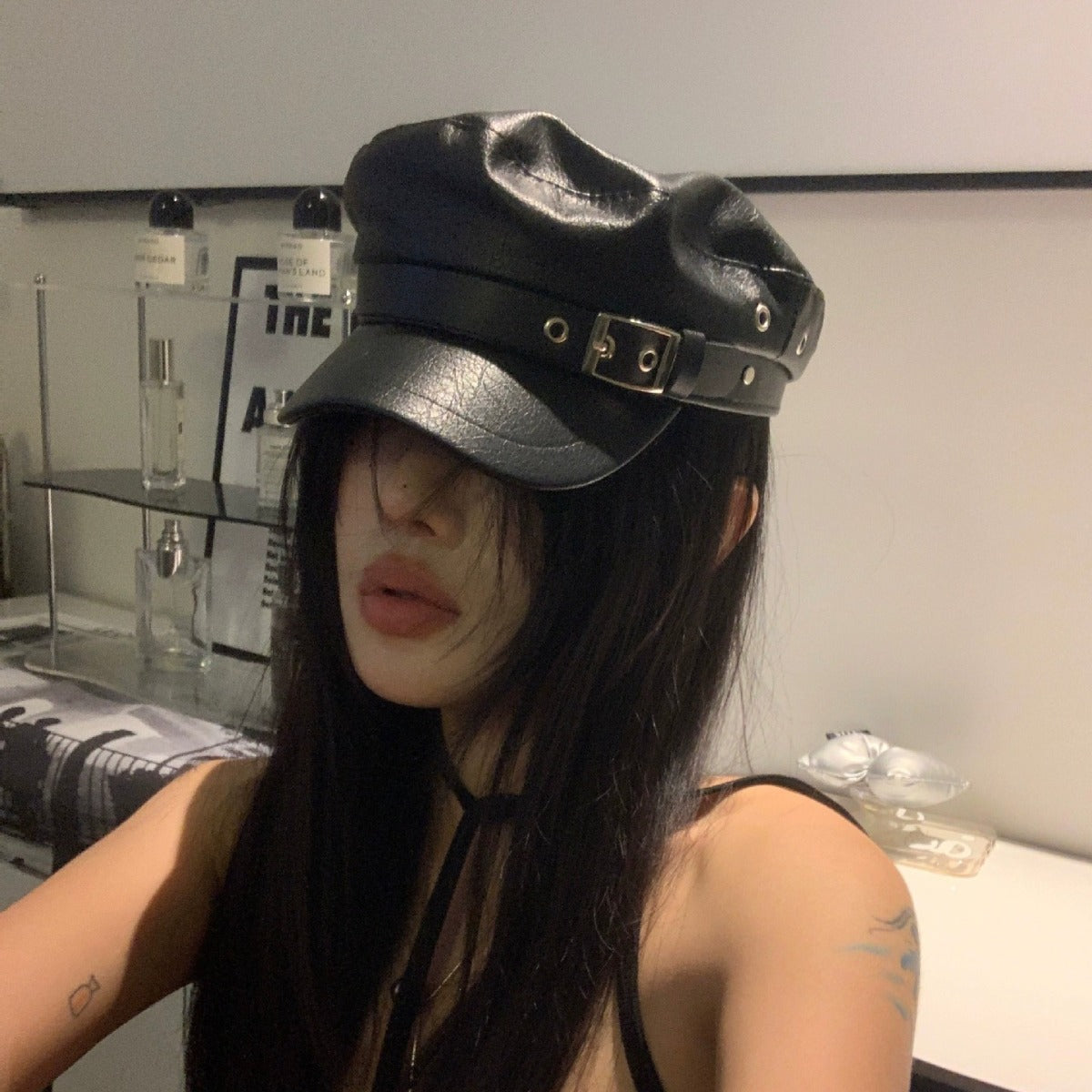 Girly-style Niche Leather-buckle Beret For Women Leather Octagonal Cap