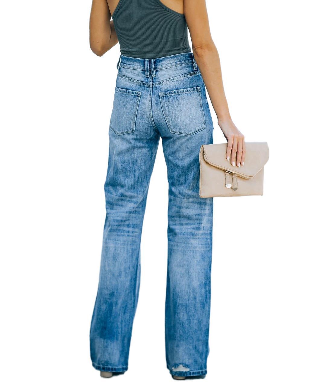 Summer Casual Wide-leg Pants Mid-waist Women's Wash Water Ripped Denim Trousers