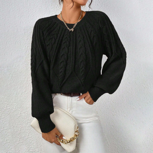 Round Neck Knitted Sweater Female Twist Thread Solid Color Versatile Casual Top