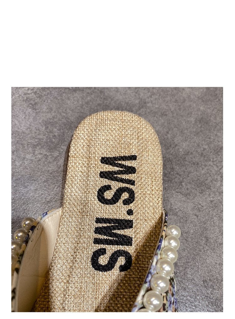 Baotou Bow Flat Slippers Women's Floral Beaded Sandals