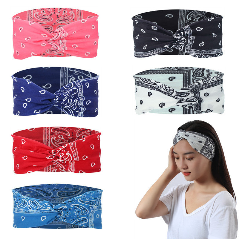 Printed Sports Headband Elastic Knotted Cross Hair Band Paisley Turban