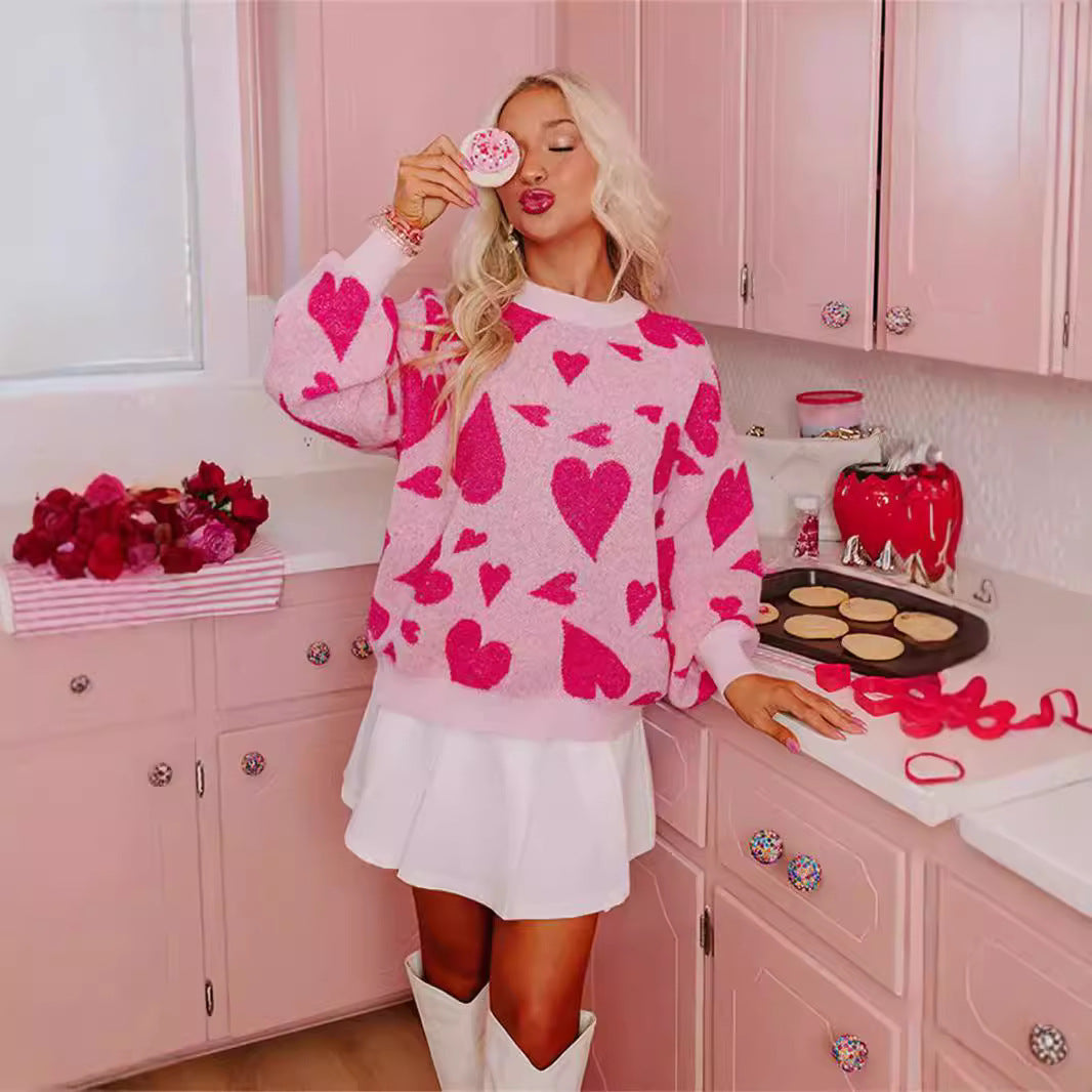 Round Neck Heart-shaped Two-color Jacquard Pullover Sweet