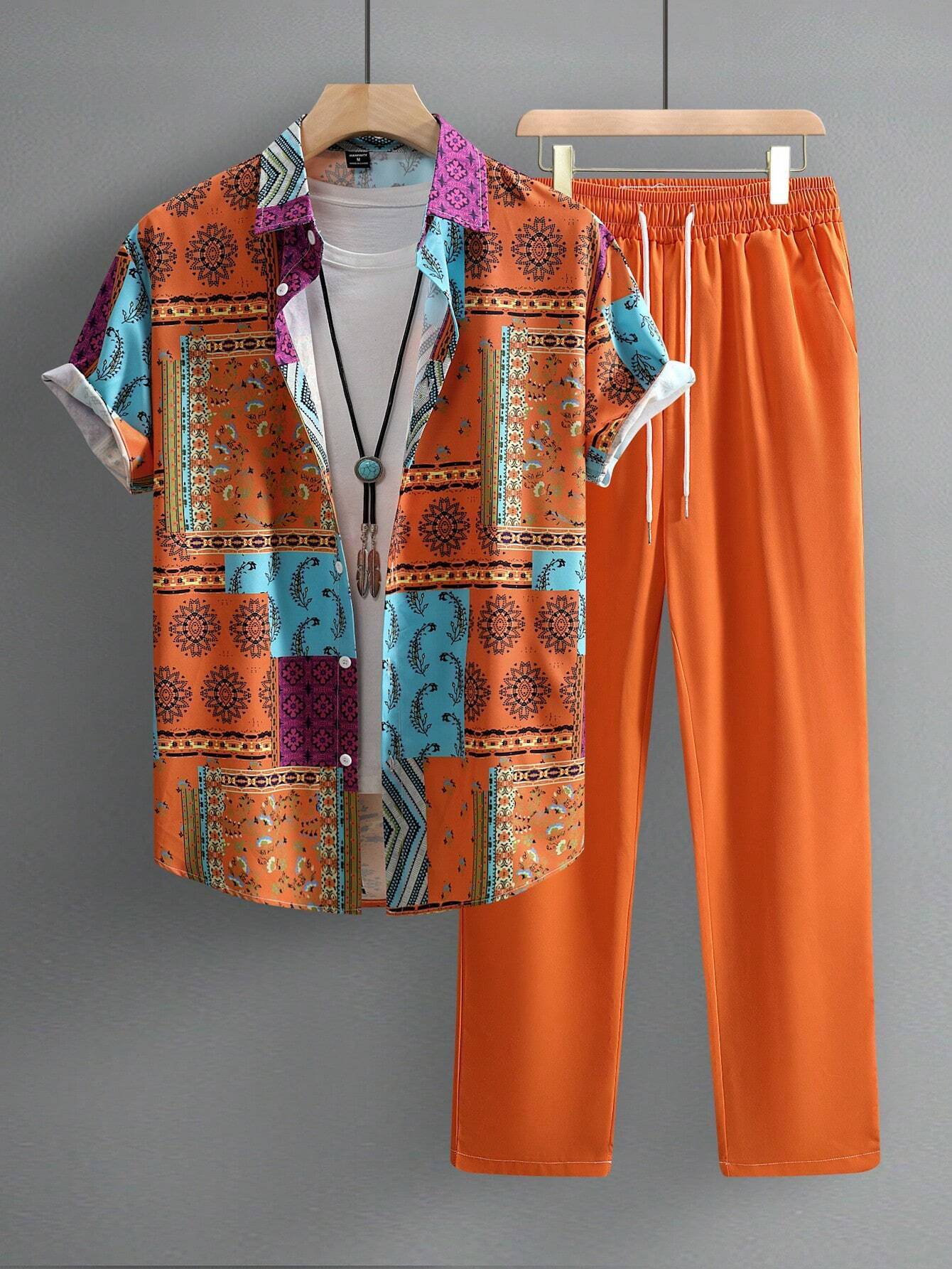 Casual Ethnic Style Short Sleeve Shirt Trousers Suit