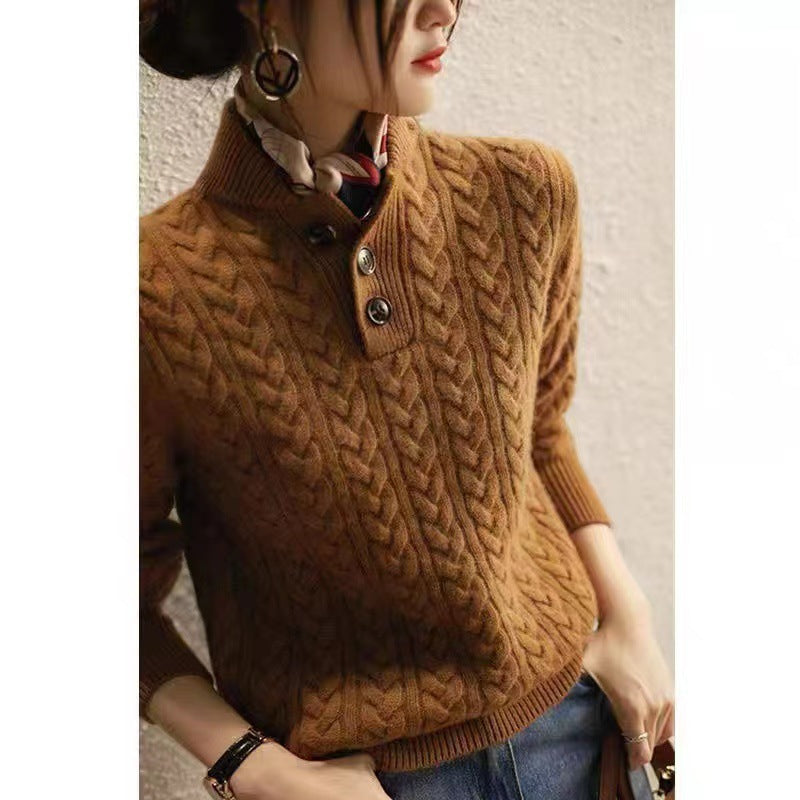 Minimalist Solid-color Cable-knit Sweater A Trendy Retro Turtleneck Base Top