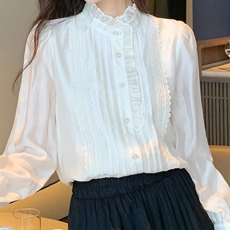 Womens Sophisticated Ruffle-Trim Long-Sleeve Stand-Collar Shirt