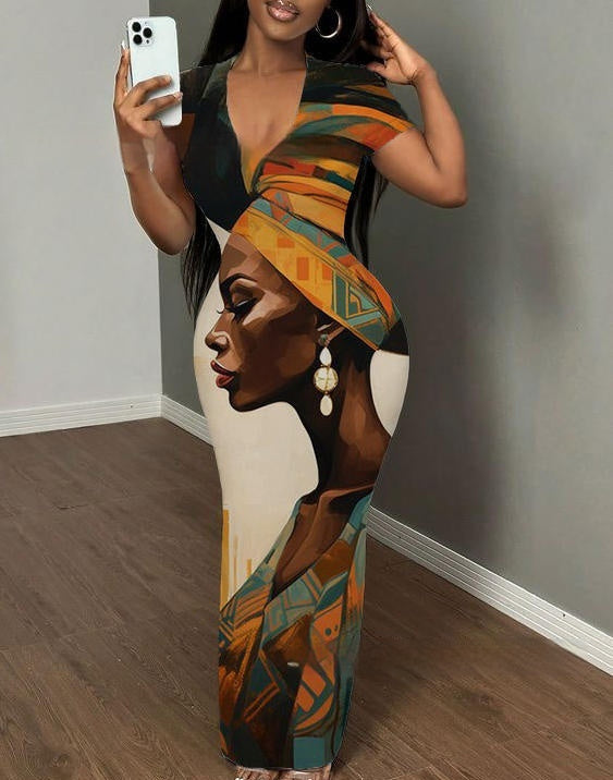 Womens 3D Digital Print V-Neck Short-SleeveLong-Sleeve Plus-Size Dress