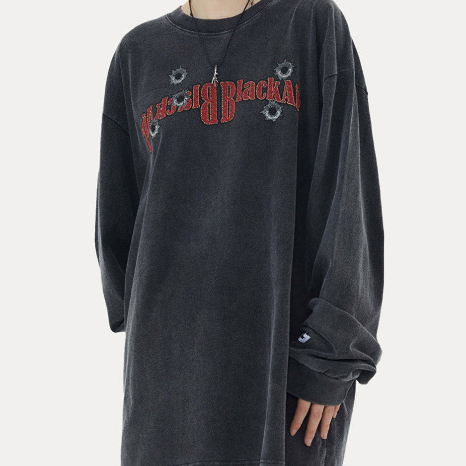 Denim Print Vasket Slidt Løs Langærmet T-Shirt