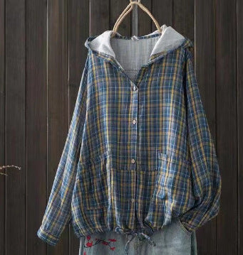 New Korean-style Oversized Artistic Retro Casual Plaid Cotton-linen Double-layer Shirt With A Hood