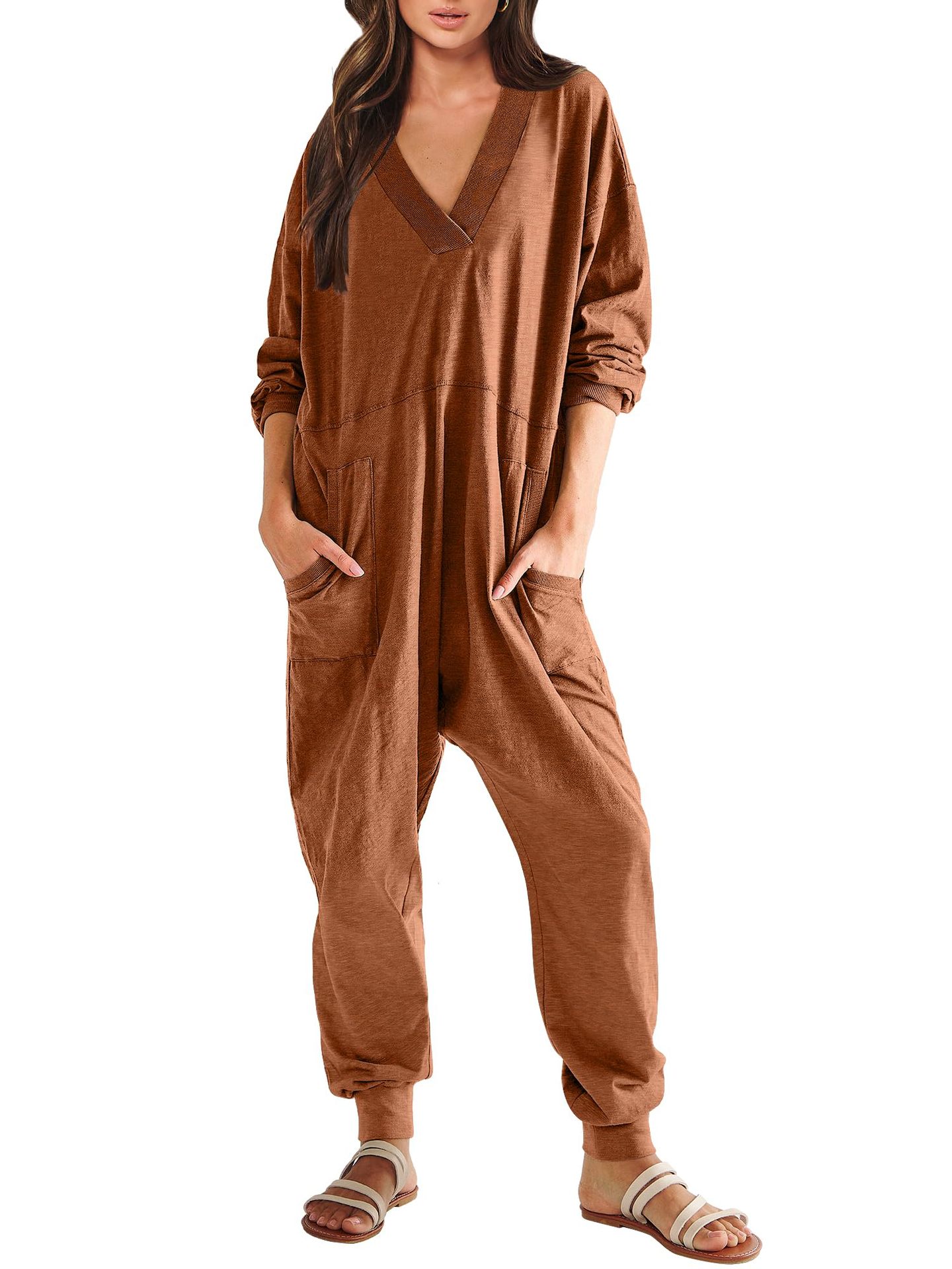Women's V-neck Long Sleeve Solid Color Loose Jumpsuit With Two Side Pockets