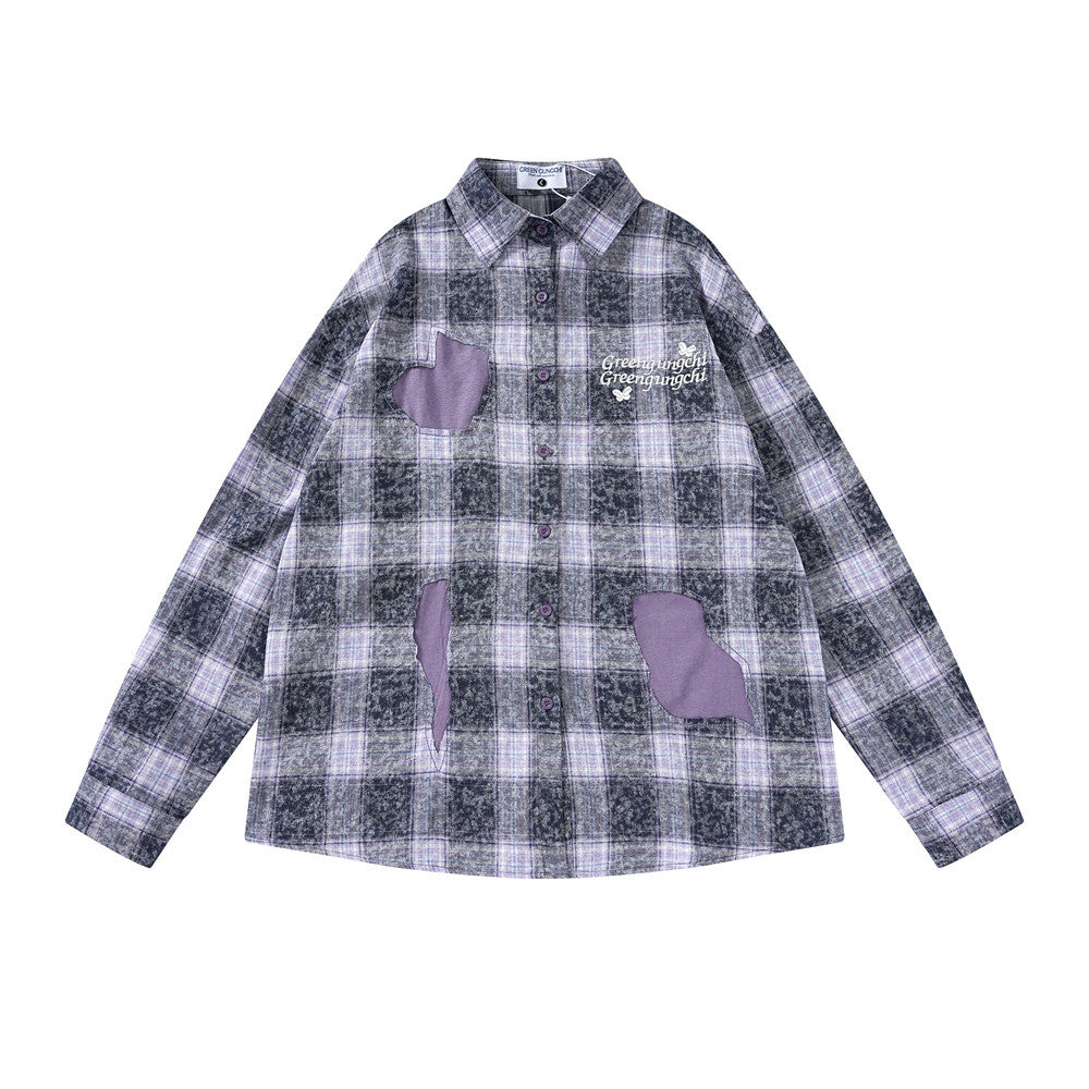 Plaid Embroidered Long-sleeved Shirt For Men Spring And Autumn