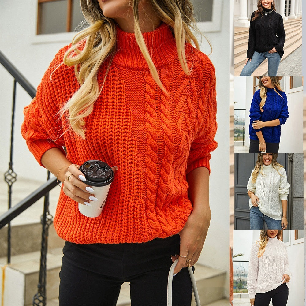 Cable-knit Sweater Plus Size Loose Mock Neck Sweater