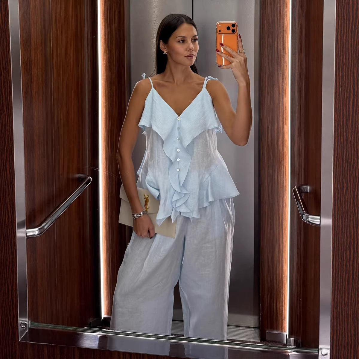Ruffle-trimmed Camisole And Casual Wide-leg Pants Set