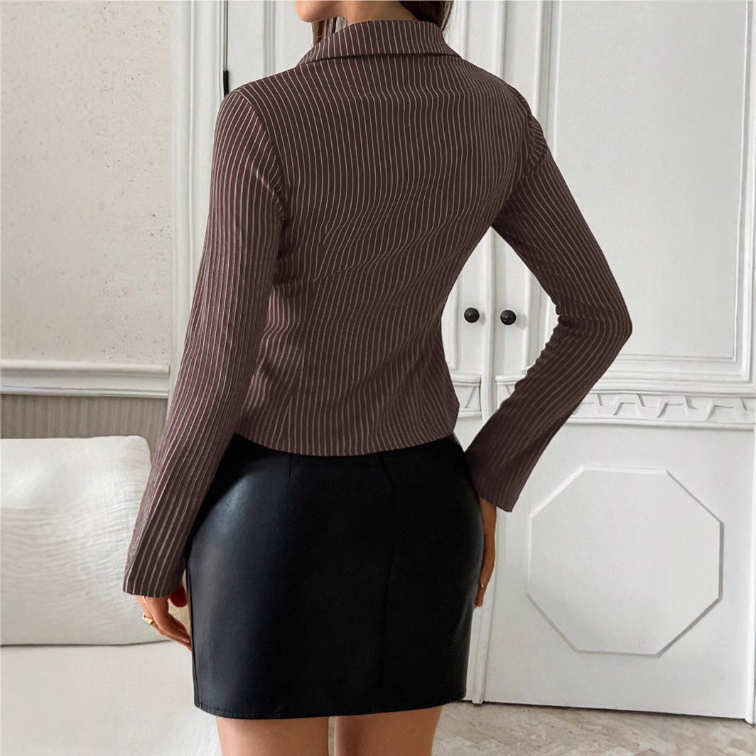Womens Button-front Shirt With A Lapel Collar And Flared Sleeves