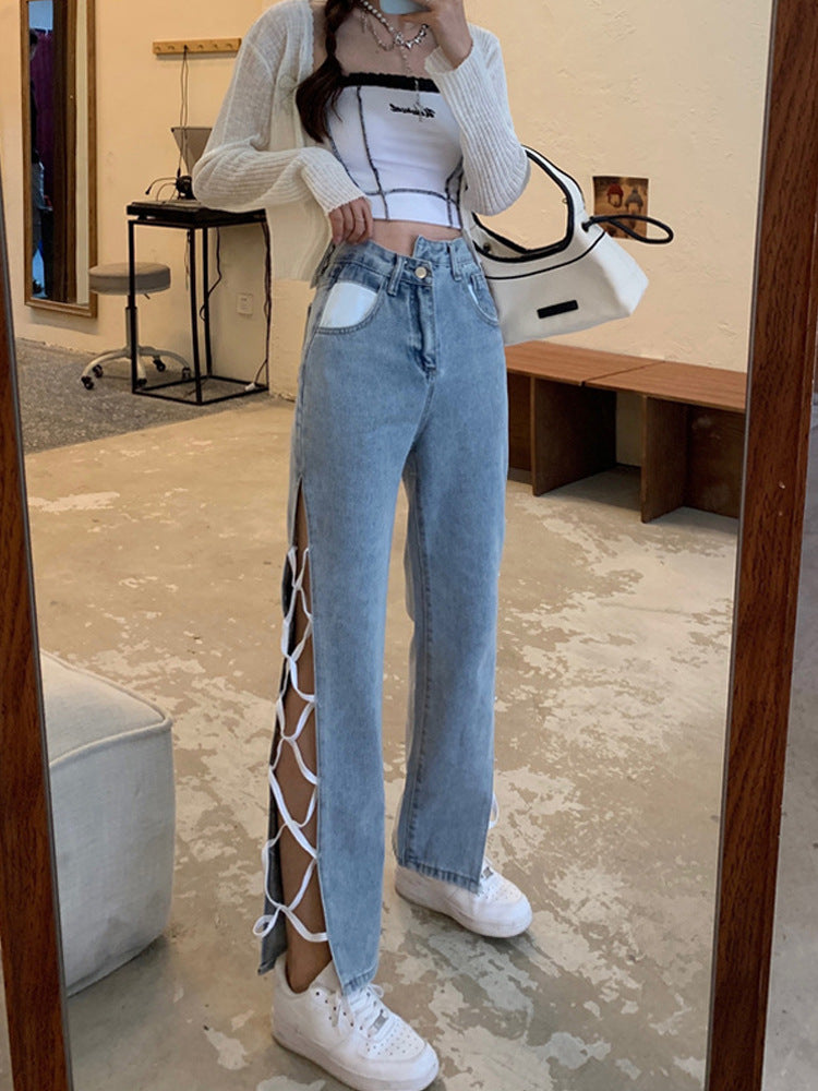 Side Slit Irregular High Waist Strappy Jeans Women's Spring Korean Style