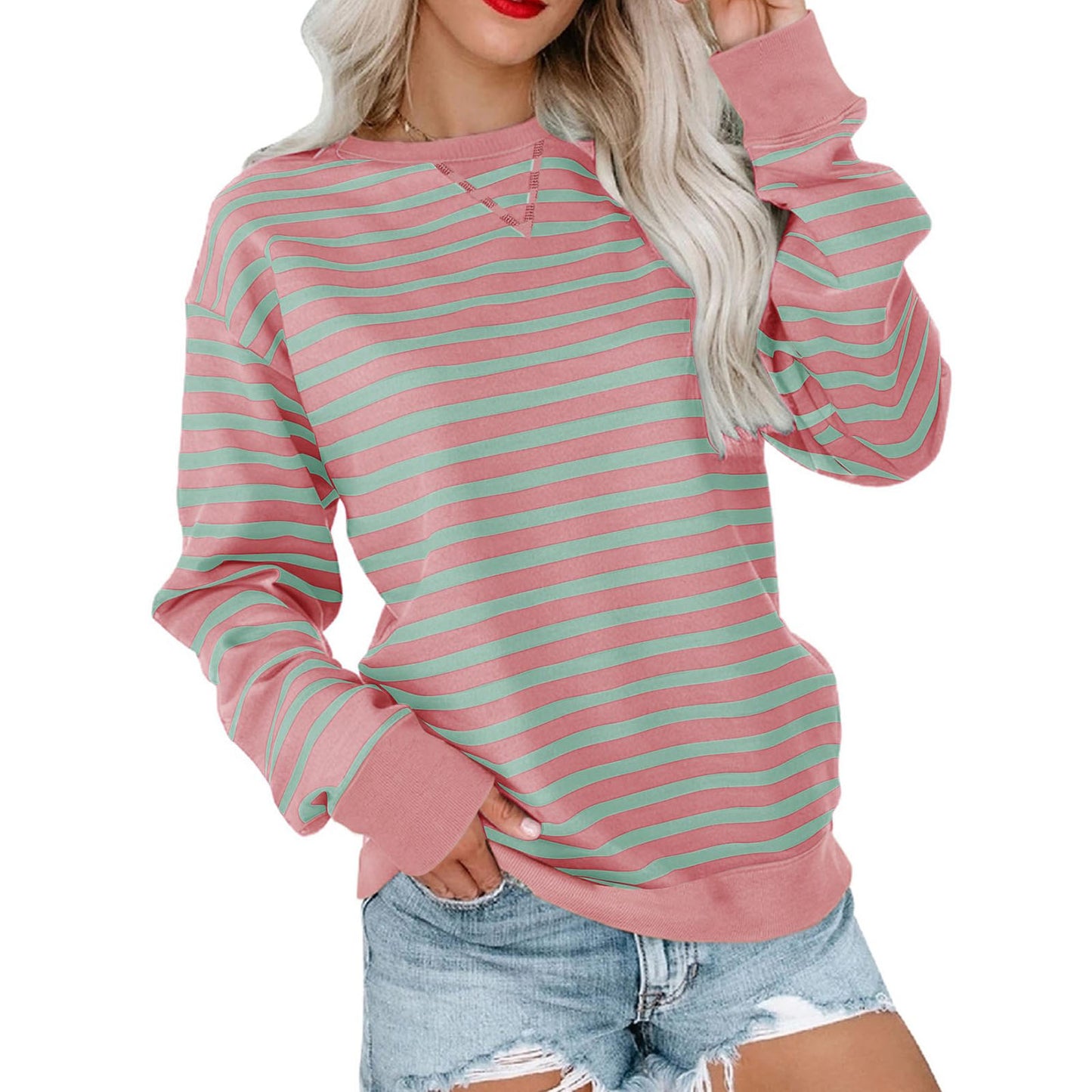 New Striped Color-Blocked Long-Sleeved Casual Crew Neck Sweatshirt