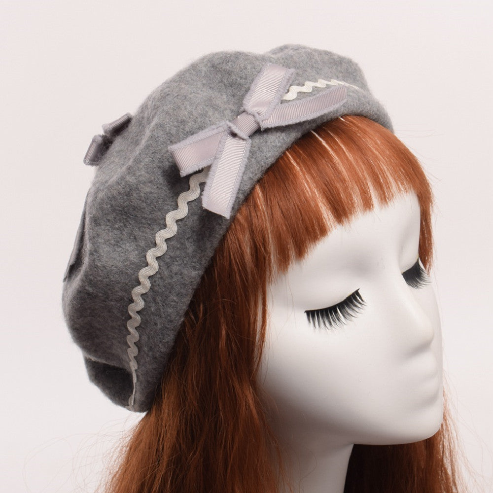 Fashion Japanese JK Lolita Wavy Bow Furball Beret