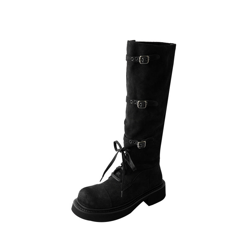 Women's Cowhide Lace-up Motorcycle-style Thigh-high Boots