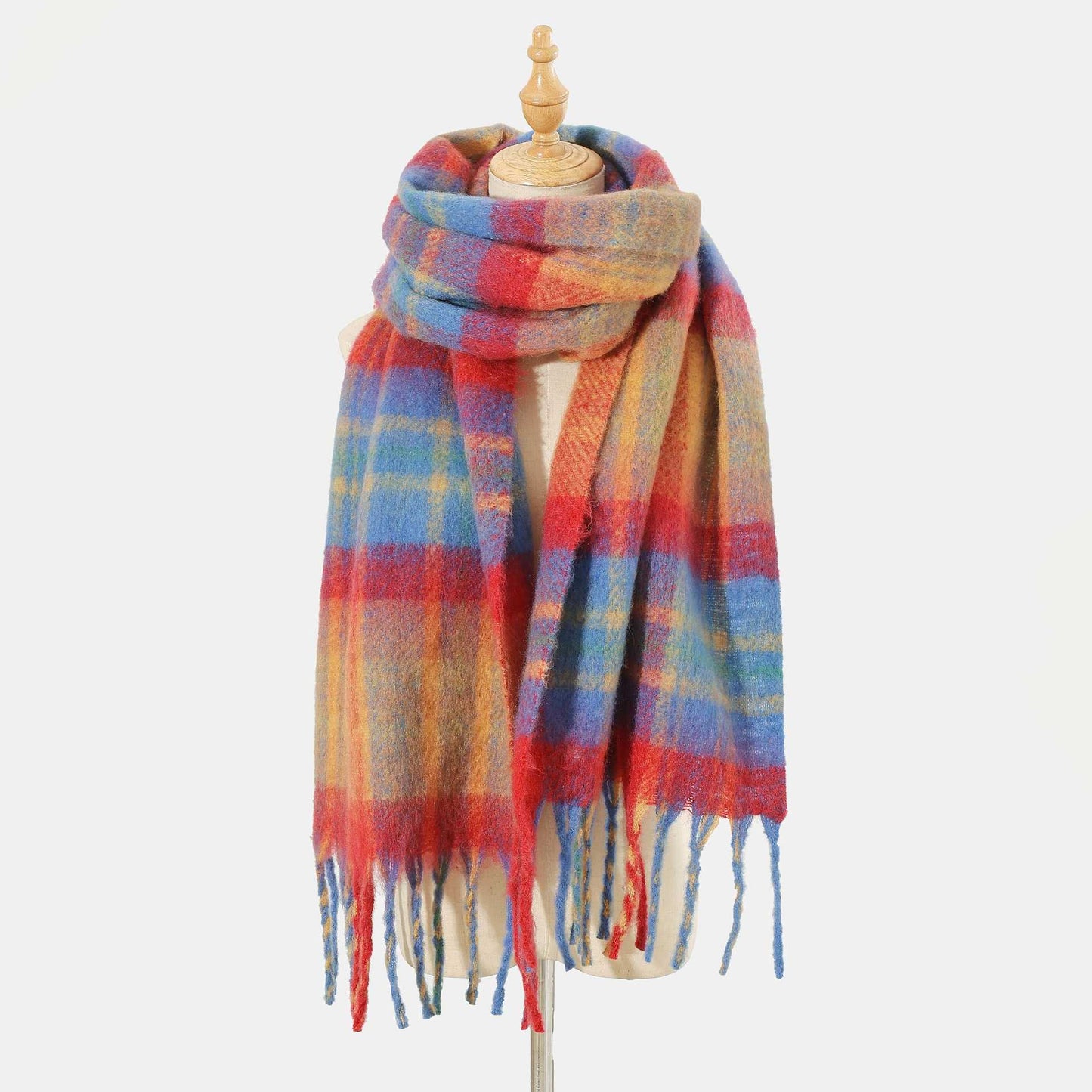 Mohair Rainbow Plaid Fringe Thickened Warm Scarf