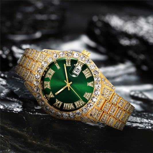 Hot Herre Stålbælte Hip Hop Romersk Skala Diamant Quartz Ur