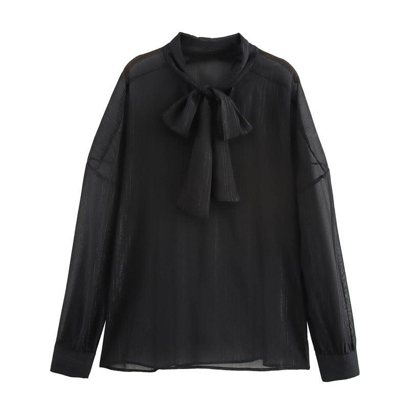 European And American Fall Women's Clothing New Loose Black Bow Collar Long Sleeve Shirt
