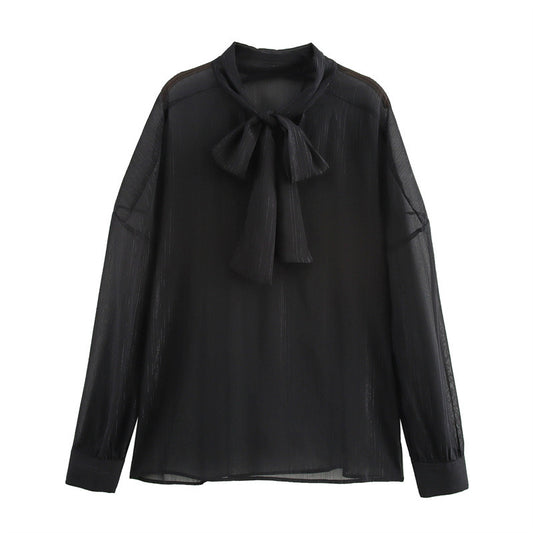 European And American Fall Women's Clothing New Loose Black Bow Collar Long Sleeve Shirt