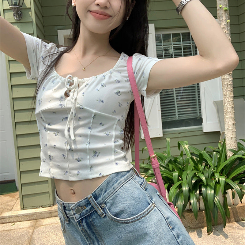 Gentle Design Sense Niche Pure Desire Lace-up Square Collar Short Sleeve T-shirt Female Summer New Floral Short Bottoming Top