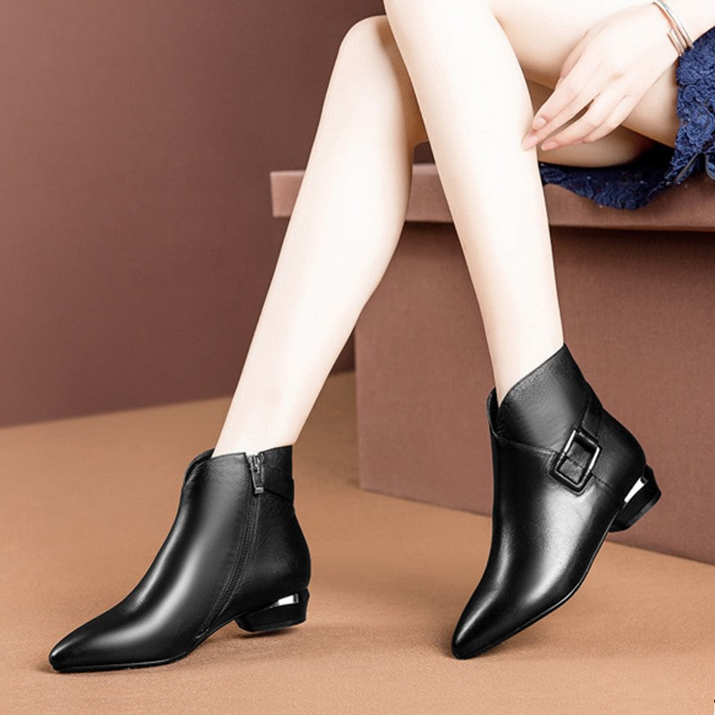 Fashion Pointed Toe Women's Low-heeled Belt Buckle And Cashmere Martin Boots