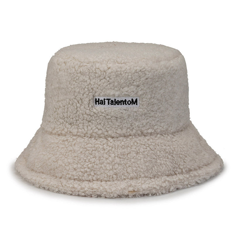 Internet Celebrity Same Style Lamb Wool Bucket Hat Female Korean Style Letter Embroidery Simple All-match