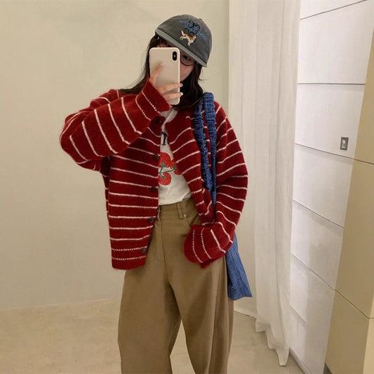 Mixed Color Stripe Long Sleeve Women's Sweater Jacket