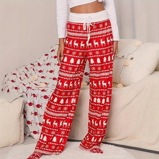 High-waisted Lace-up Pants With Elk And Christmas Tree Print