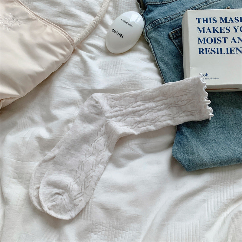Thin Mesh Solid Color Hollow Wooden Ear Mid-calf Length Loose Socks Breathable Sweat Absorbing