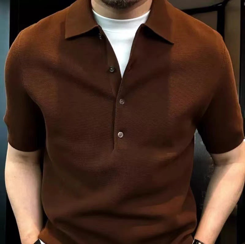 Solid Color Polo Collar Polo Shirt Men's Simple Style Slim Fit High Knitted Top